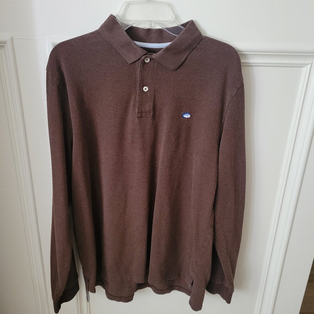 Southern Tide Men’s Skipjack Long Sleeve Polo Shirt Brown Sze Large Cotton Blend